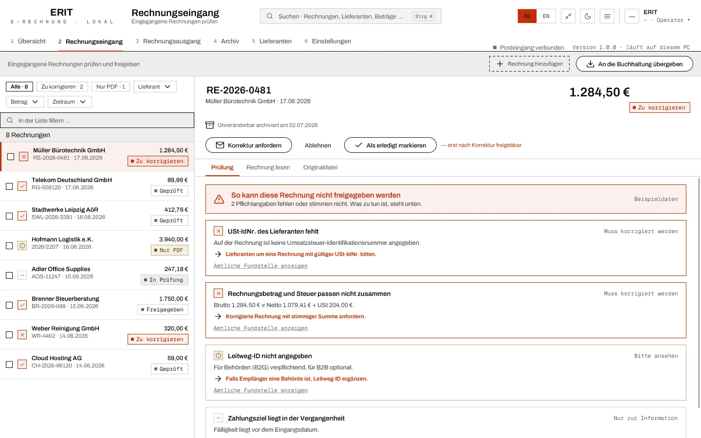 ERIT, Bildschirm Rechnungseingang: eine Rechnung mit zwei fehlenden Pflichtangaben, jede mit Erkl&auml;rung und Handlungsvorschlag.