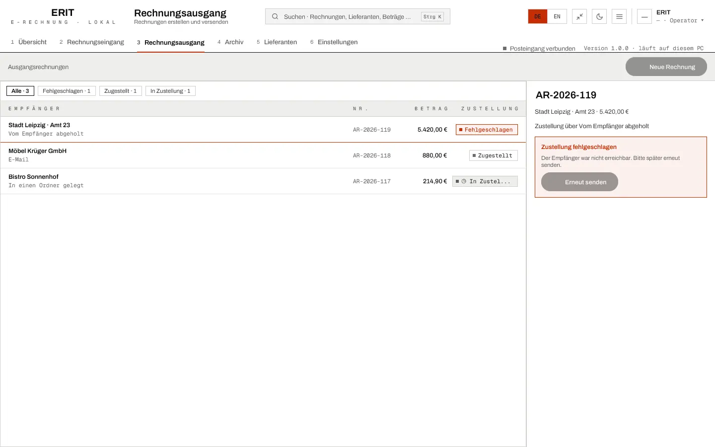 ERIT, Bildschirm Rechnungsausgang: eine ausgehende Rechnung mit Empf&auml;nger, Positionen und Versandweg.